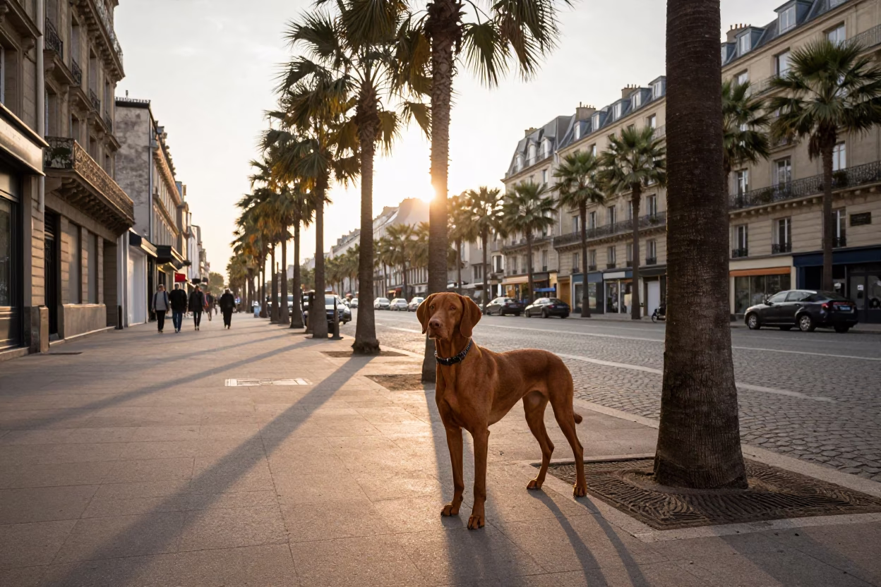 Vintage Paris Street Scene at Dawn with Vizsla Dog and Brass Wall in in Paris, France