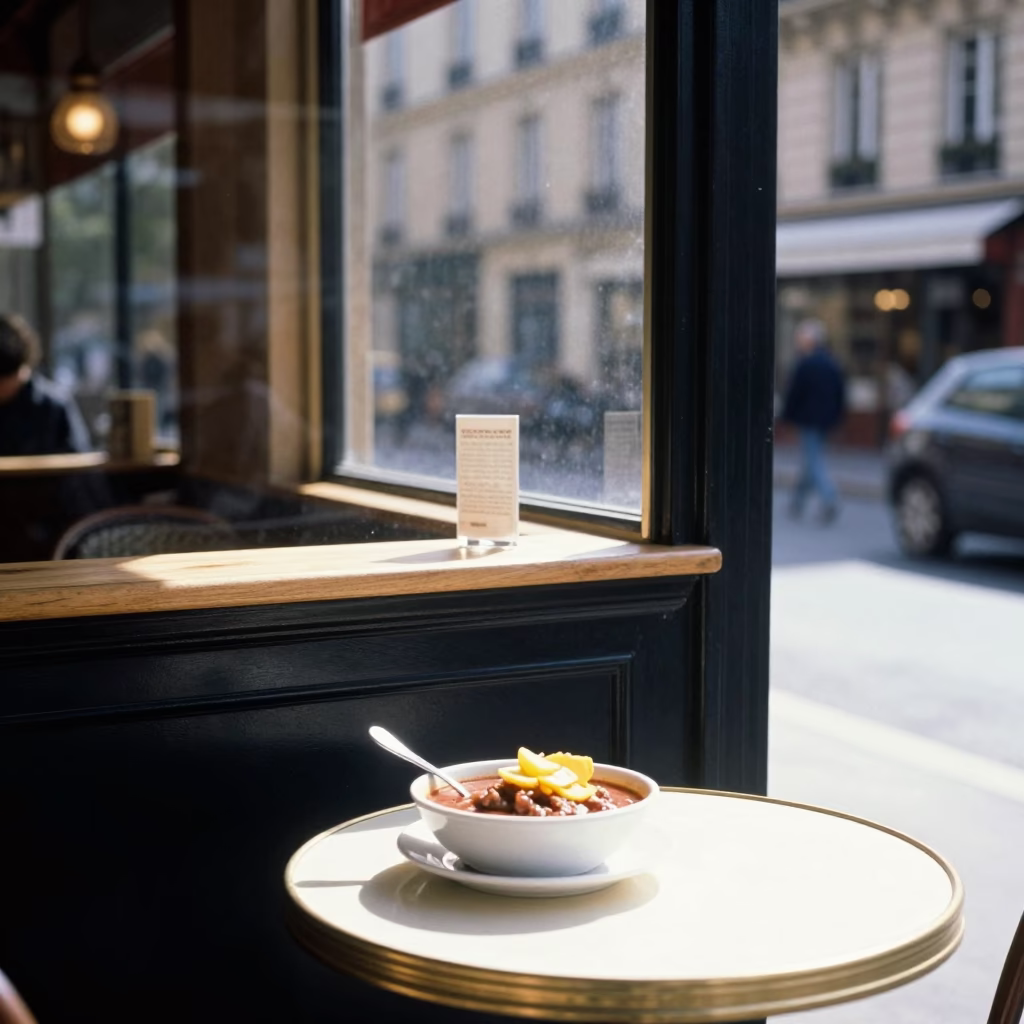 Vintage Paris Street Scene Midmorning Light with Window Shelf and Ukulele in in Paris, France