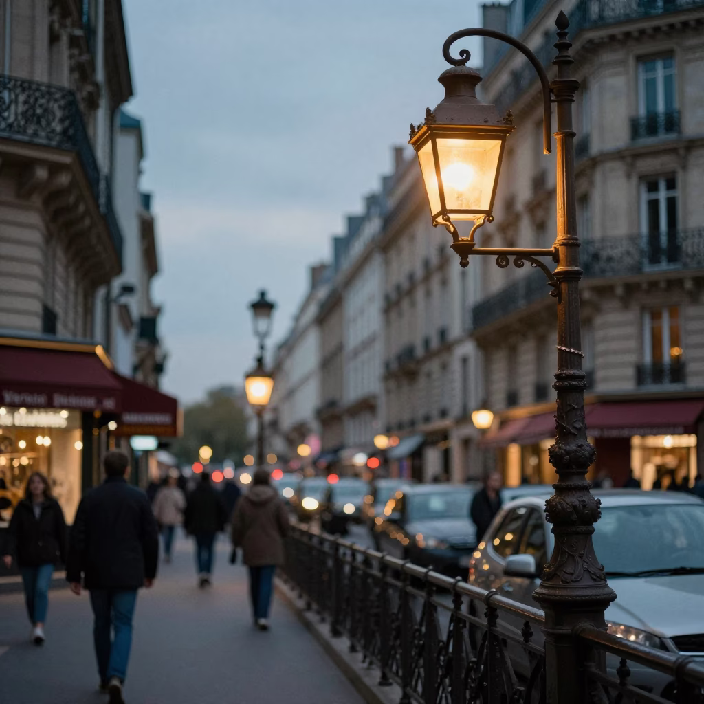 Vintage Parisian Evening Street Scene with Lantern and Cobblestone Details in in Paris, France