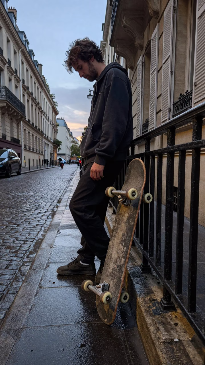 Vintage Parisian Morning Skateboarder and Spirit Level on Cobblestone Street Before Dawn in in Paris, France
