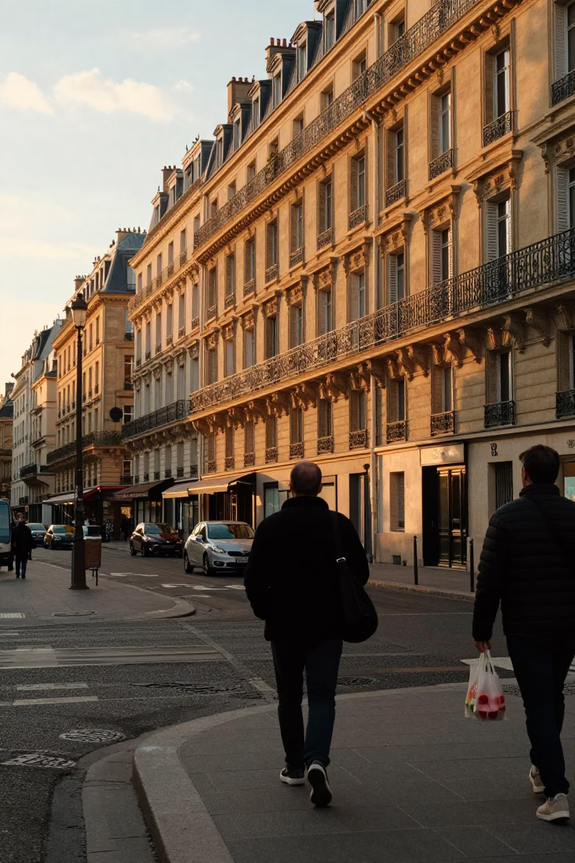 Vintage Parisian Street Scene at Sunset with Gelato Display and Classic Architecture in in Paris, France