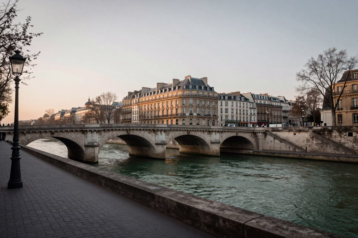 Vintage Parisian Street Scene Before Dawn with Bridge Maintenance Cradle and Green River in in Paris, France