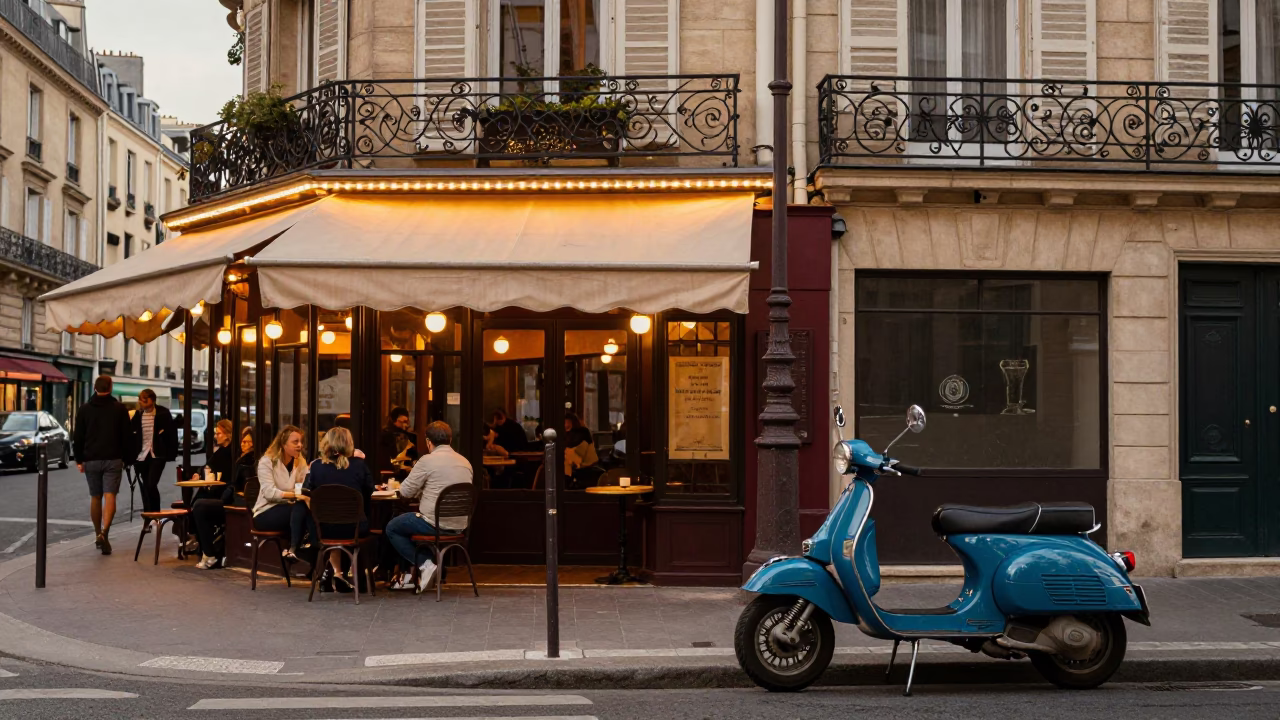 Vintage Parisian Street Scene with Moped and Café in Early Evening Light in in Paris, France