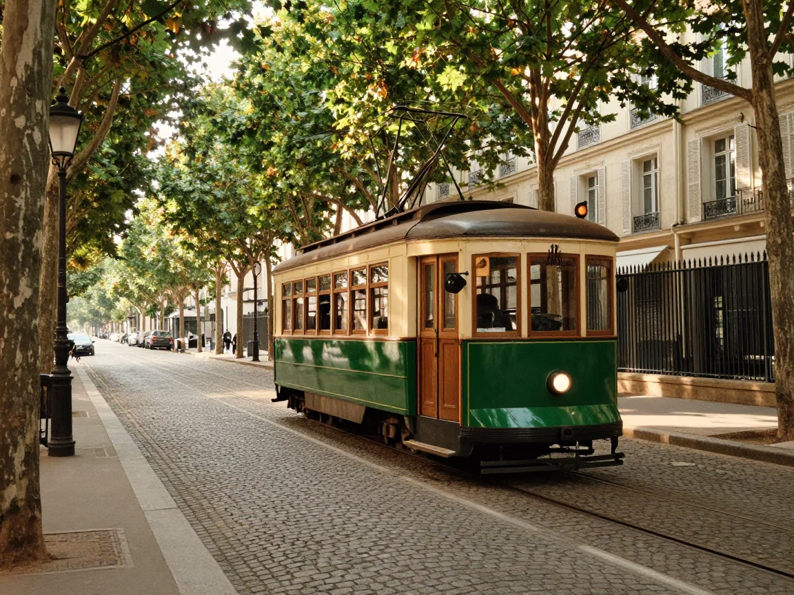 Vintage Parisian Tram Carriage Gliding Along Cobblestone Street in Early Afternoon Light in in Paris, France