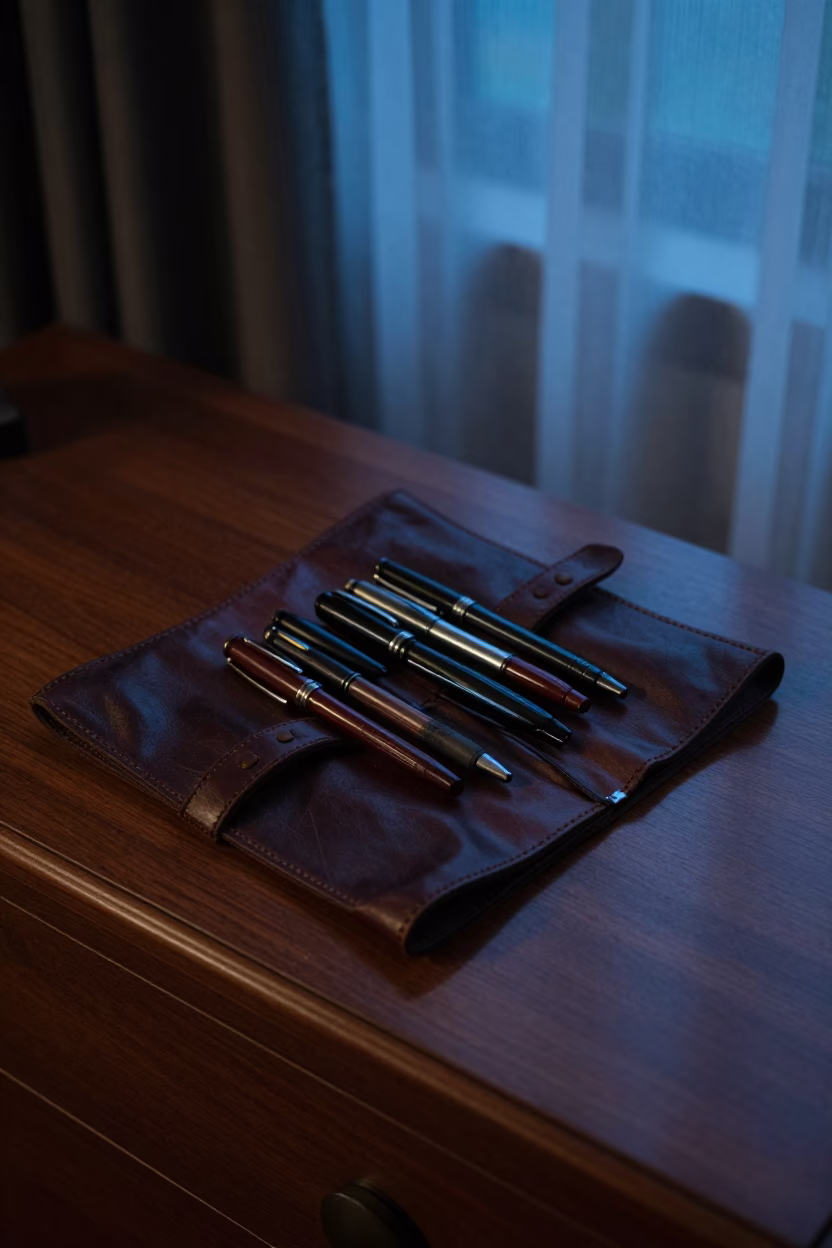 Vintage Pens in Leather Roll on Hotel Dresser in on a hotel dresser near Sucre