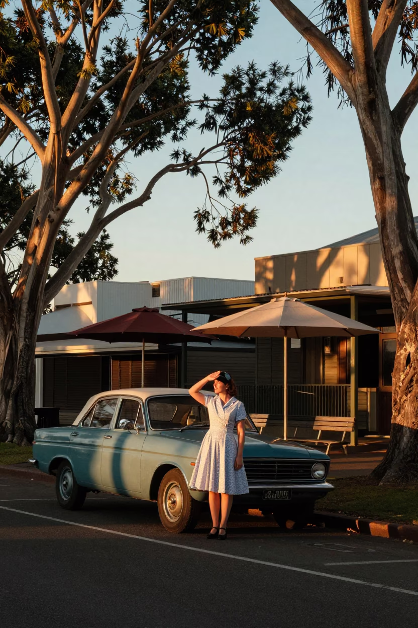 Vintage Perth Street Scene at Sunset with Umbrellas and Trees in in Perth, Western Australia, Australia