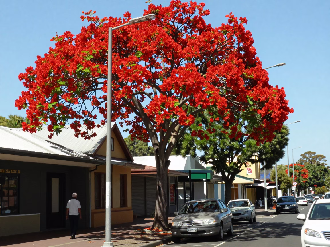 Vintage Perth Street Scene with Flame Tree Bloom and Garden Rake at Noon in in Perth, Western Australia, Australia
