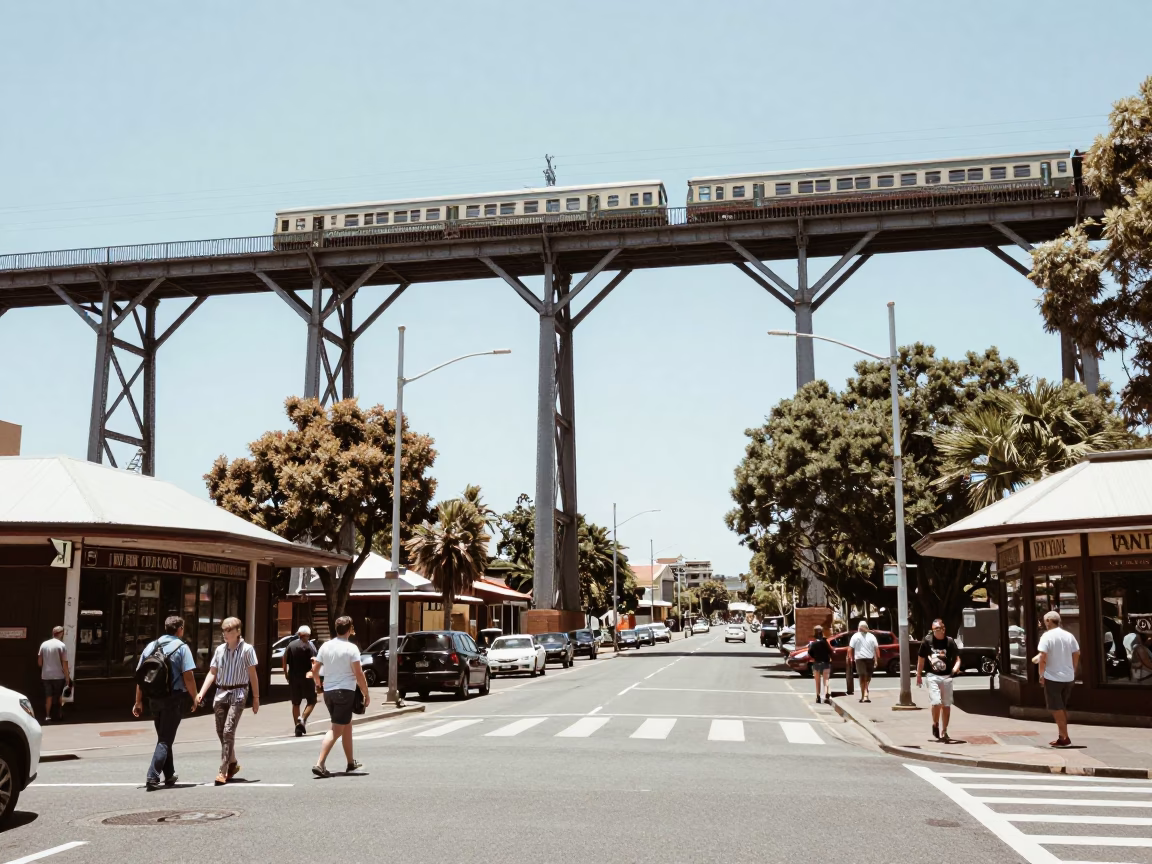 Vintage Perth Street Scene with Railway Viaduct and Midday Sunlight in in Perth, Western Australia, Australia