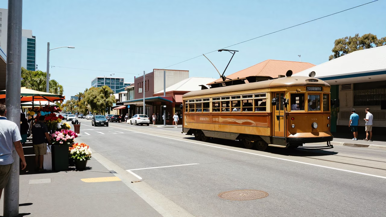 Vintage Perth Western Australia Street Scene Under Harsh Noon Sunlight with Tram and Pedestrians in in Perth, Western Australia, Australia