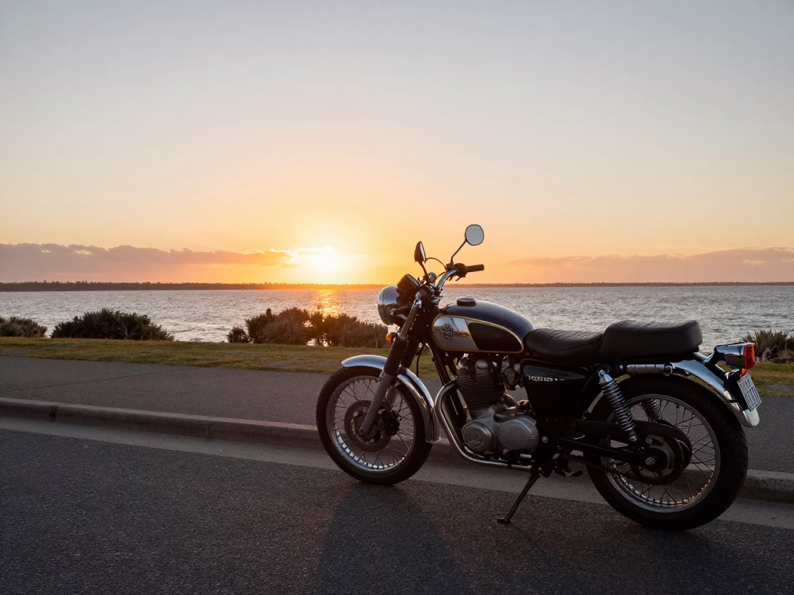 Vintage Perth Western Australia Sunset Street Scene with Classic Motorcycle on Coastal Highway in in Perth, Western Australia, Australia