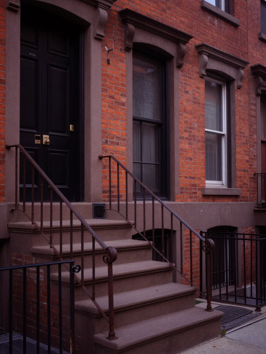 Vintage Philadelphia Brownstone Stoop Scene Early Evening Light and Potted Geraniums in in Philadelphia, Pennsylvania, United States