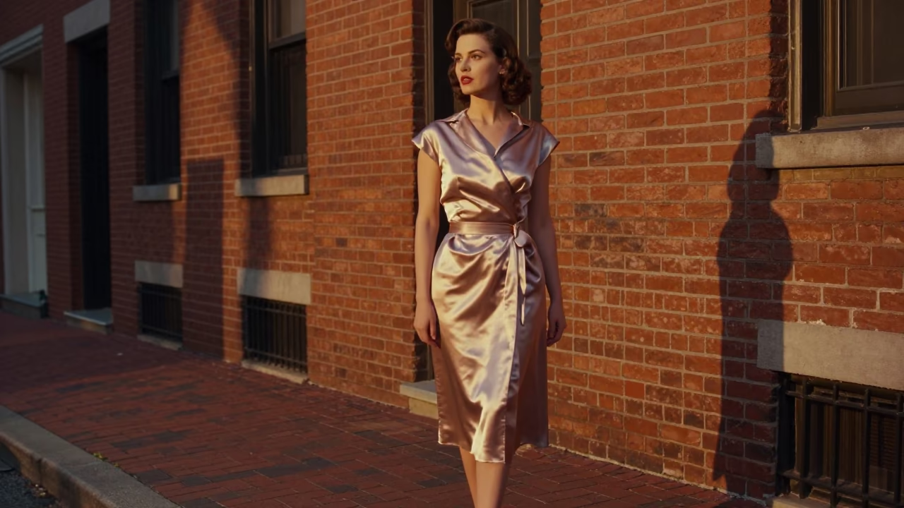 Vintage Philadelphia Evening Portrait of Elegant Woman in Silk Dress on Historic Brick Sidewalk in in Philadelphia, Pennsylvania, United States