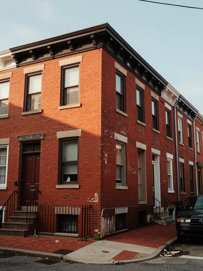 Vintage Philadelphia Late Afternoon Street Scene with Red Brick Row Houses and Urban Details in in Philadelphia, Pennsylvania, United States