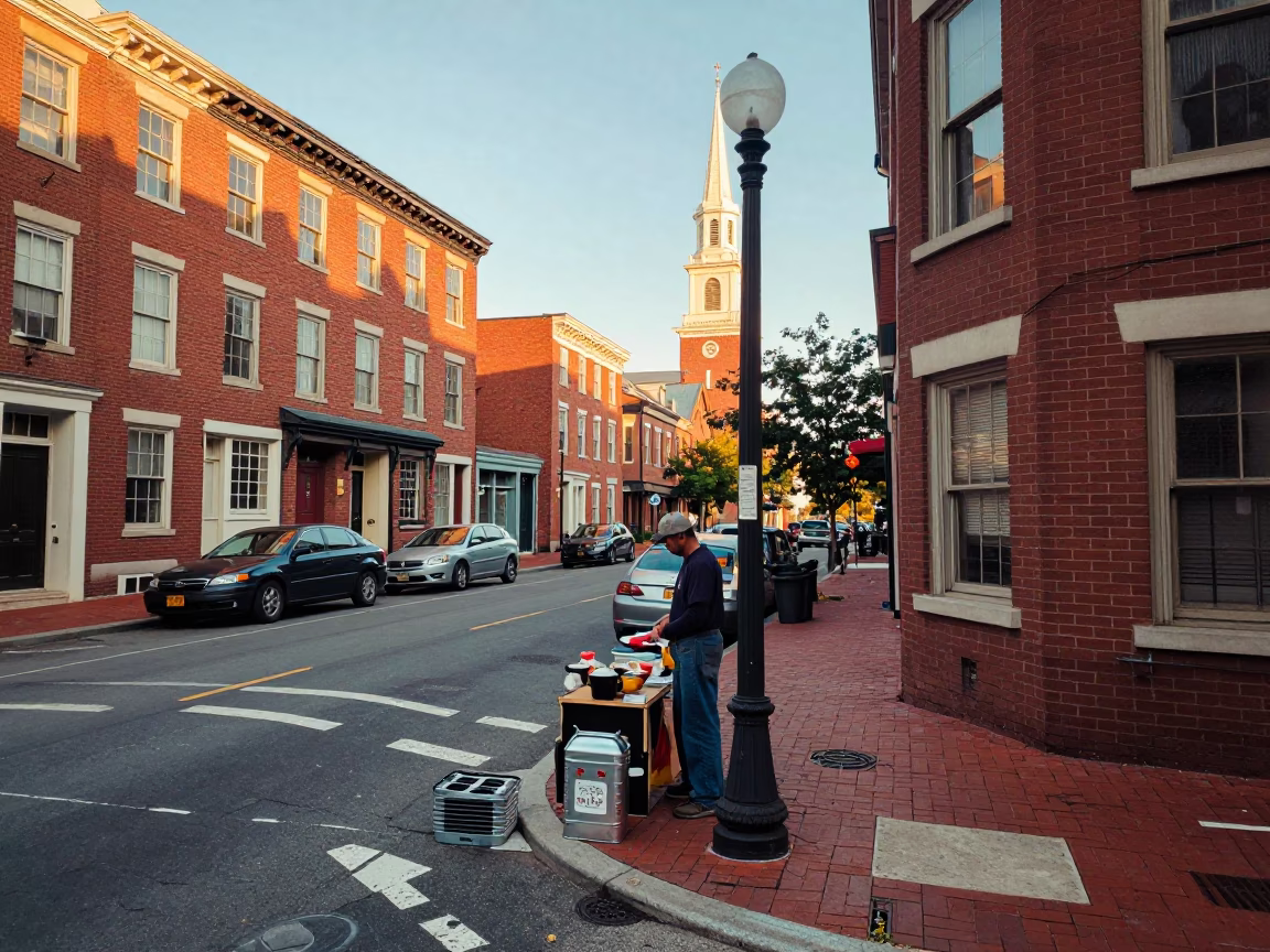Vintage Philadelphia Late Morning Street Scene with Tiffin Tin and Grater in in Philadelphia, Pennsylvania, United States