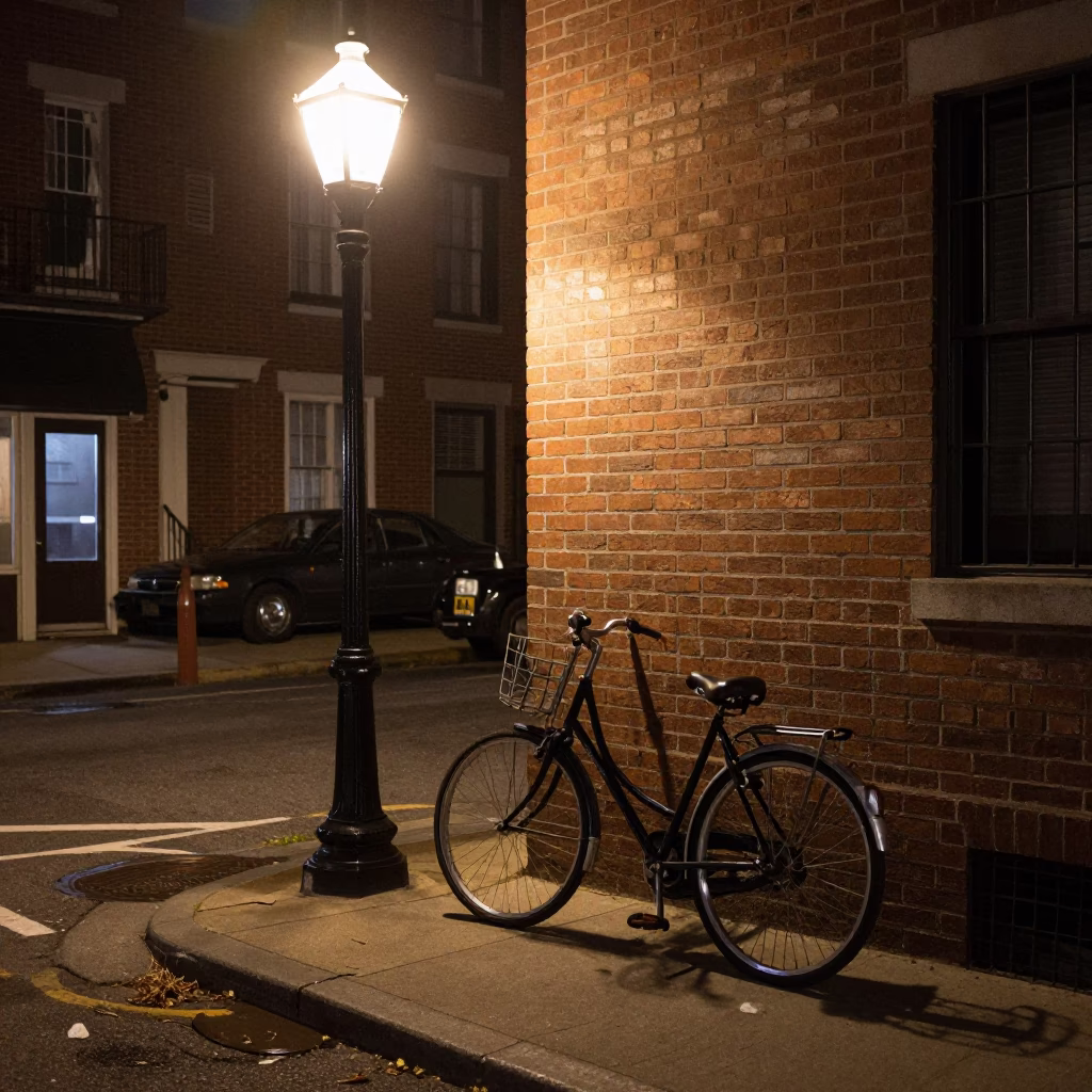 Vintage Philadelphia Night Street Scene with Bicycle and Urban Details in in Philadelphia, Pennsylvania, United States