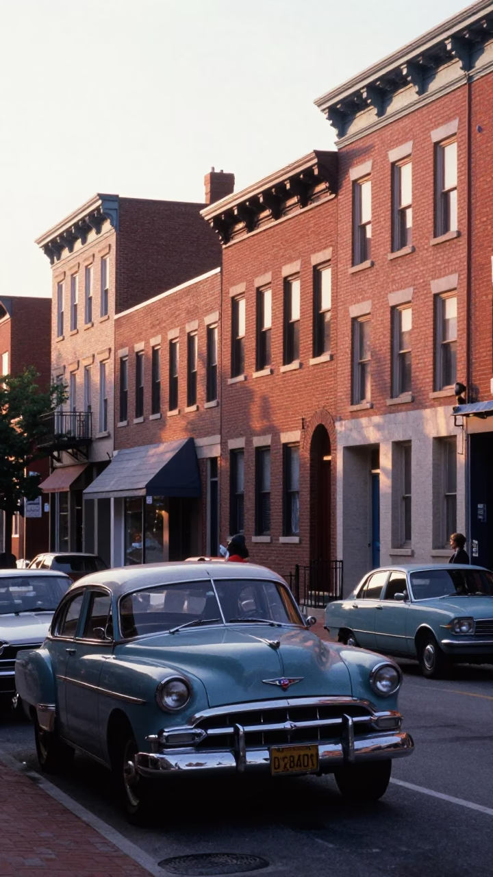 Vintage Philadelphia Street Scene Just After Sunrise with Classic Cars and City Architecture in in Philadelphia, Pennsylvania, United States