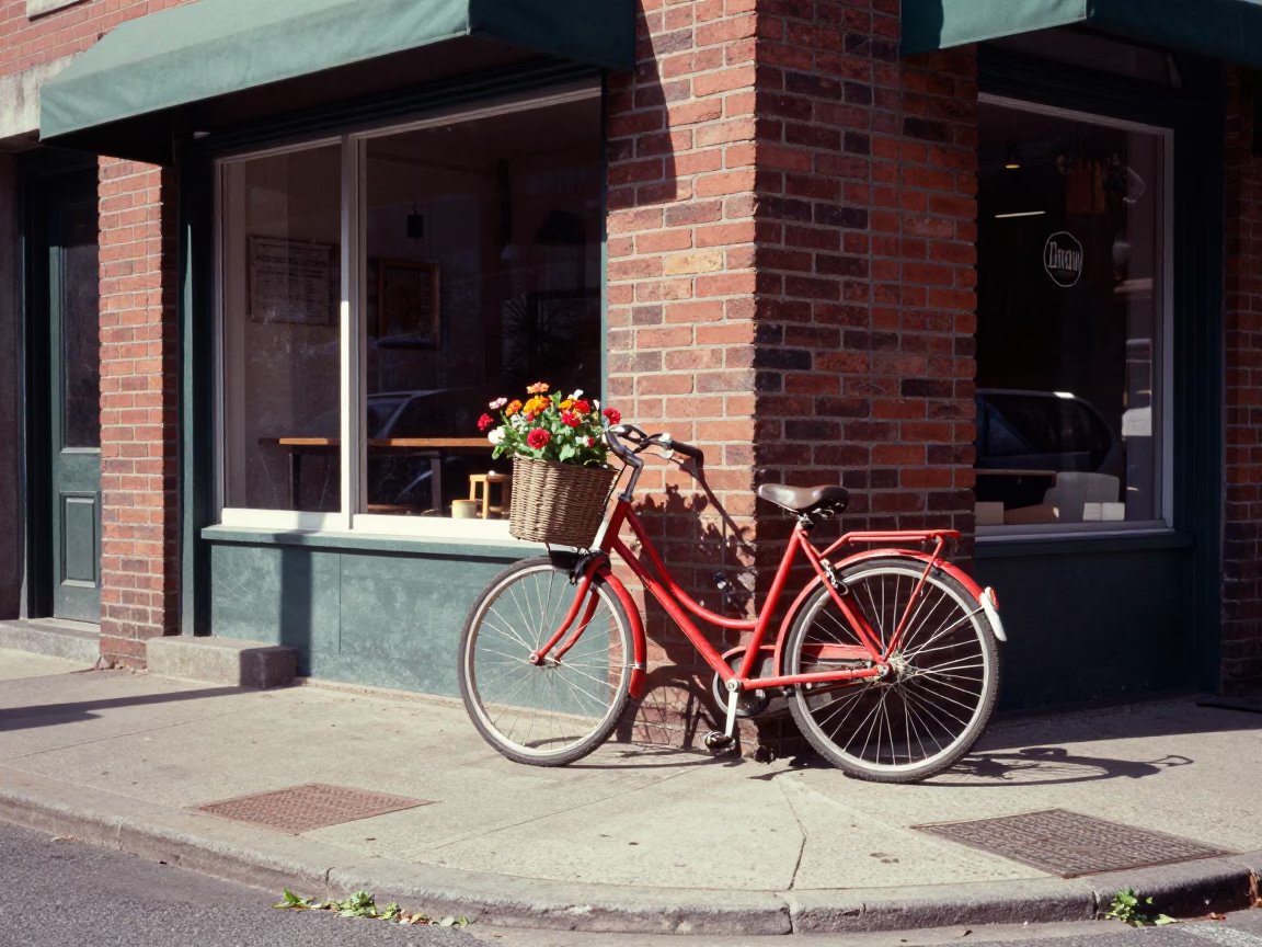 Vintage Philadelphia Street Scene with Bicycle Basket and Zinnias in Early Afternoon in in Philadelphia, Pennsylvania, United States