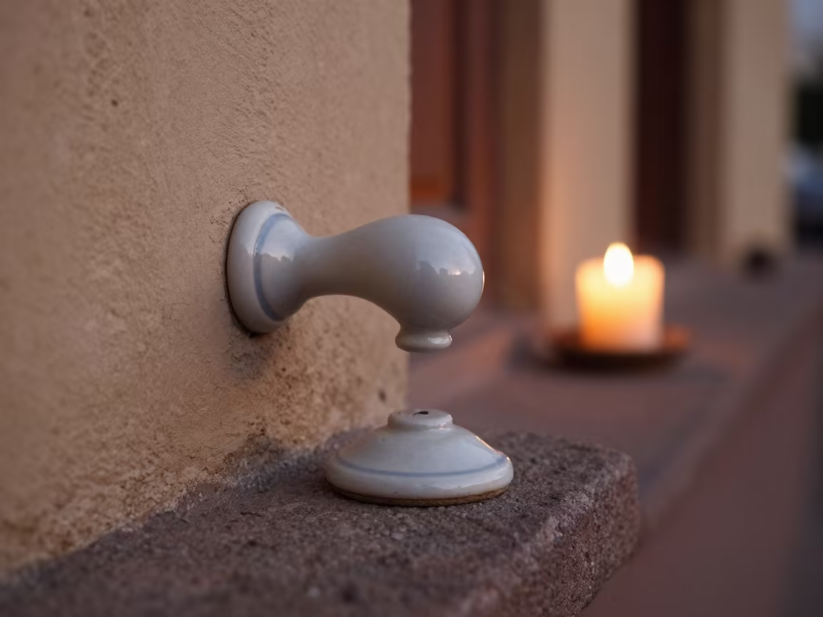 Vintage Porcelain Doorbell Pull on Stone Ledge Mumbai in on a stone ledge near Fort, Mumbai