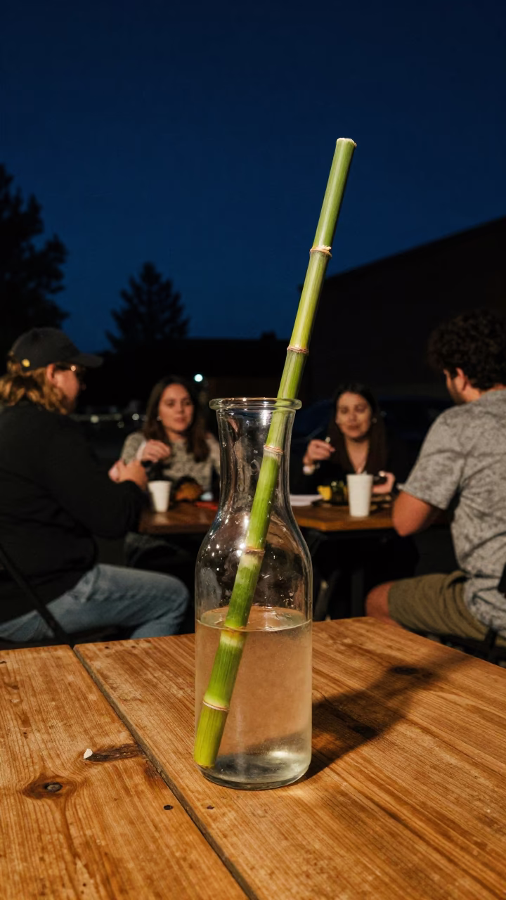 Vintage Portland Night Scene with Glass Carafe and Sugarcane Juice on Wooden Table in in Portland, Oregon, United States