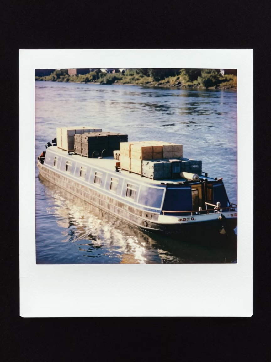 Vintage Portland Oregon Canal Barge Loaded with Cargo Under Flat Noon Glare in in Portland, Oregon, United States