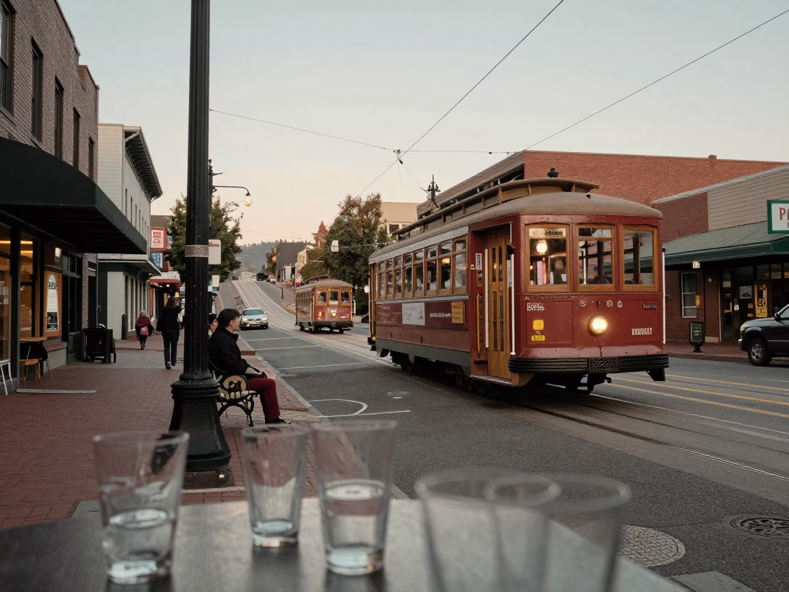 Vintage Portland Oregon Early Evening Street Scene with Glass Tumblers and Tram in in Portland, Oregon, United States