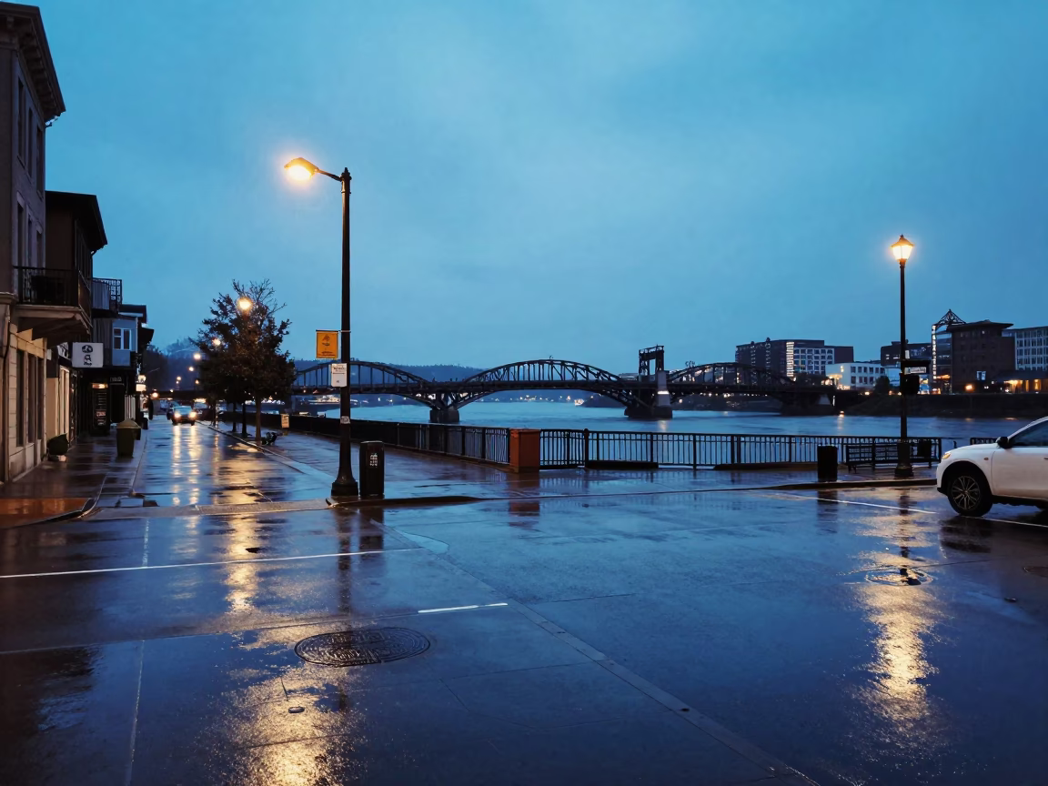 Vintage Portland Oregon Evening Street Scene with Rain and River Light in in Portland, Oregon, United States