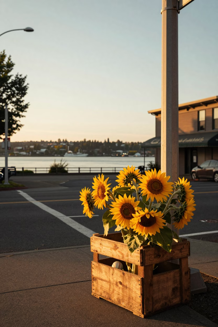 Vintage Portland Oregon Evening Street Scene with Sunflowers and Baseball Glove in in Portland, Oregon, United States