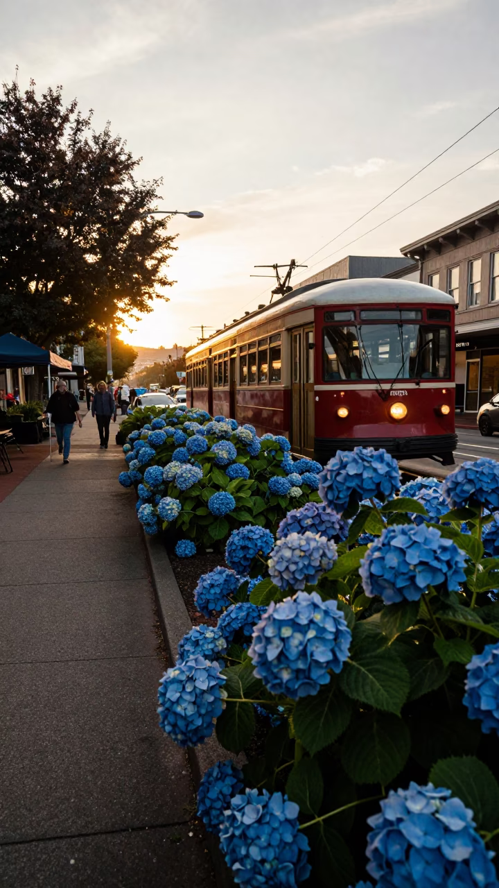 Vintage Portland Oregon Golden Hour Street Scene with Hydrangeas and Monorail in in Portland, Oregon, United States