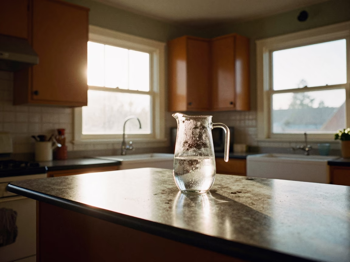 Vintage Portland Oregon Kitchen Interior with Condensation on Countertop and Blue White Porcelain Jar in in Portland, Oregon, United States