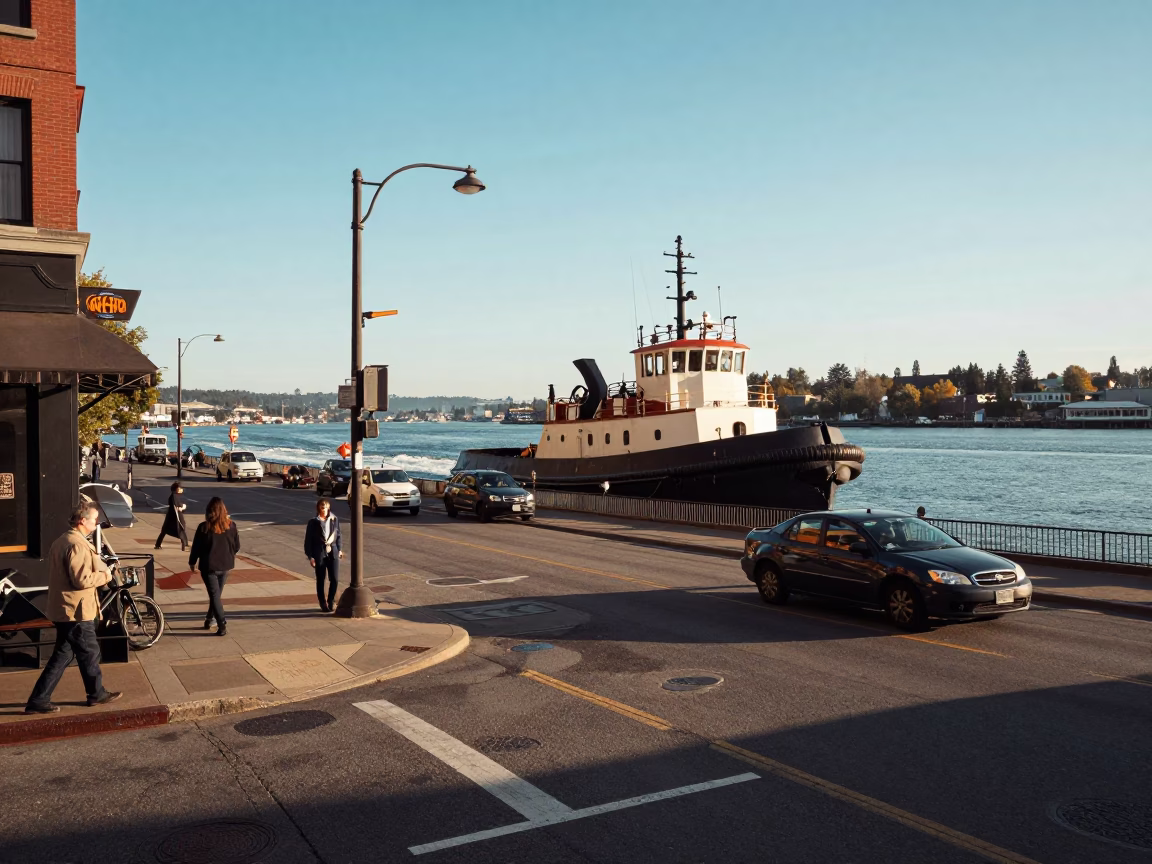 Vintage Portland Oregon Late Afternoon Street Scene with Tugboat in Harbor Background in in Portland, Oregon, United States