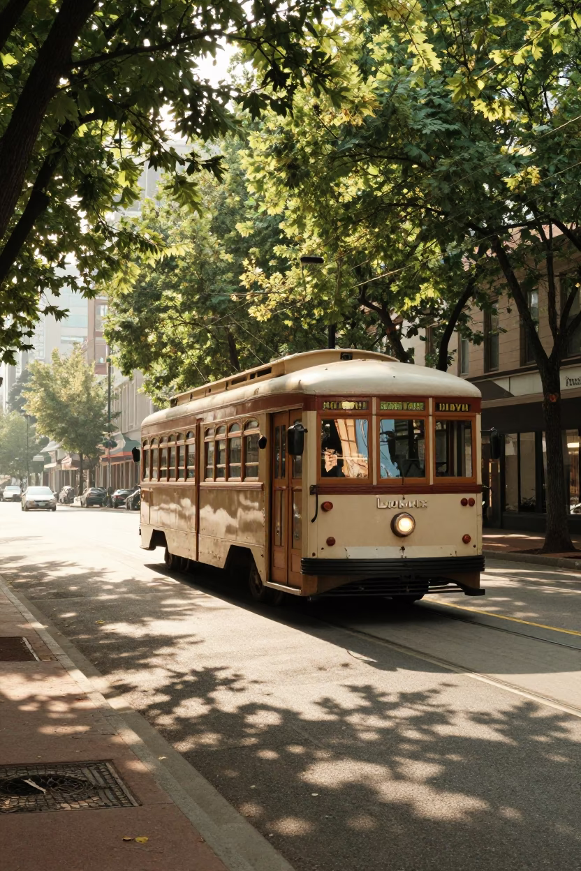 Vintage Portland Oregon Late Morning Street Scene with Old Trolley and Concrete Brutalist Architecture in in Portland, Oregon, United States