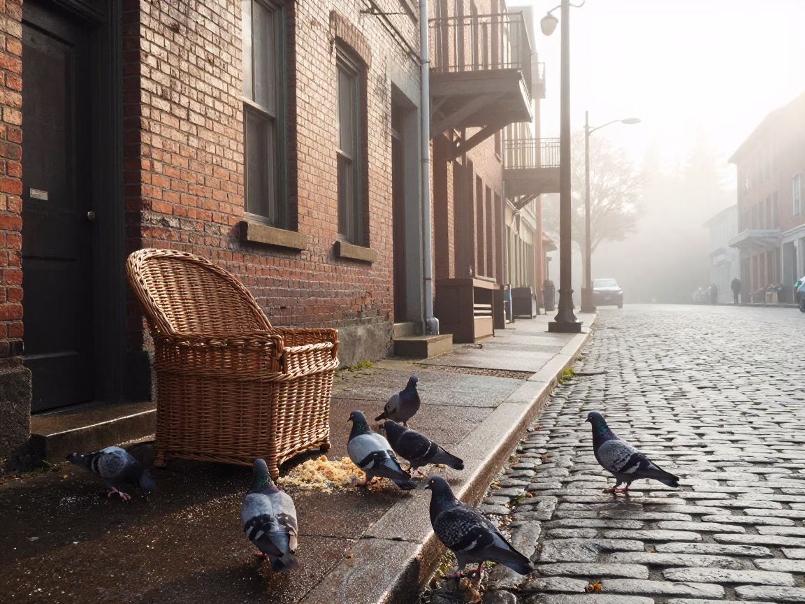Vintage Portland Oregon Morning Street Scene with Pigeons and Wicker Shadows at Dawn in in Portland, Oregon, United States