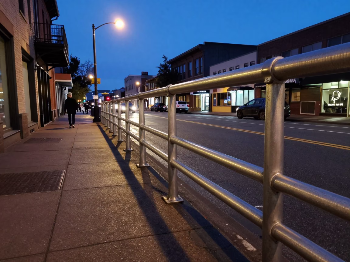 Vintage Portland Oregon Street Scene at Blue Hour with Brushed Steel Rail and Monorail in in Portland, Oregon, United States