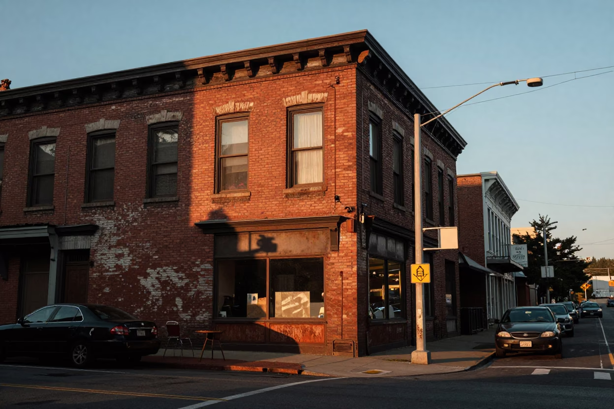 Vintage Portland Oregon Street Scene Before Dawn With Rust And Urban Details in in Portland, Oregon, United States