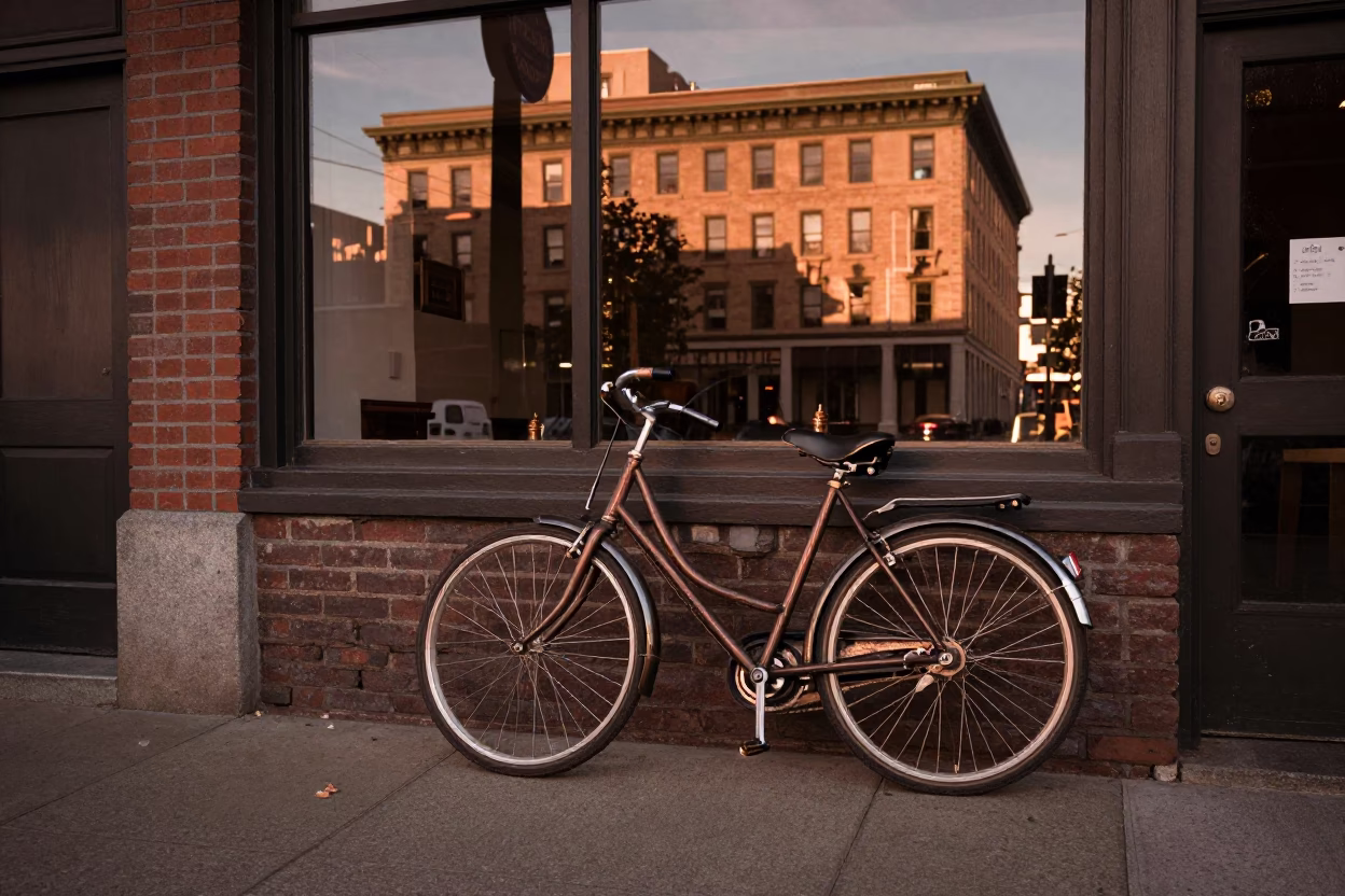 Vintage Portland Oregon Street Scene with Bicycle and Hotel Reflections Before Dusk in in Portland, Oregon, United States
