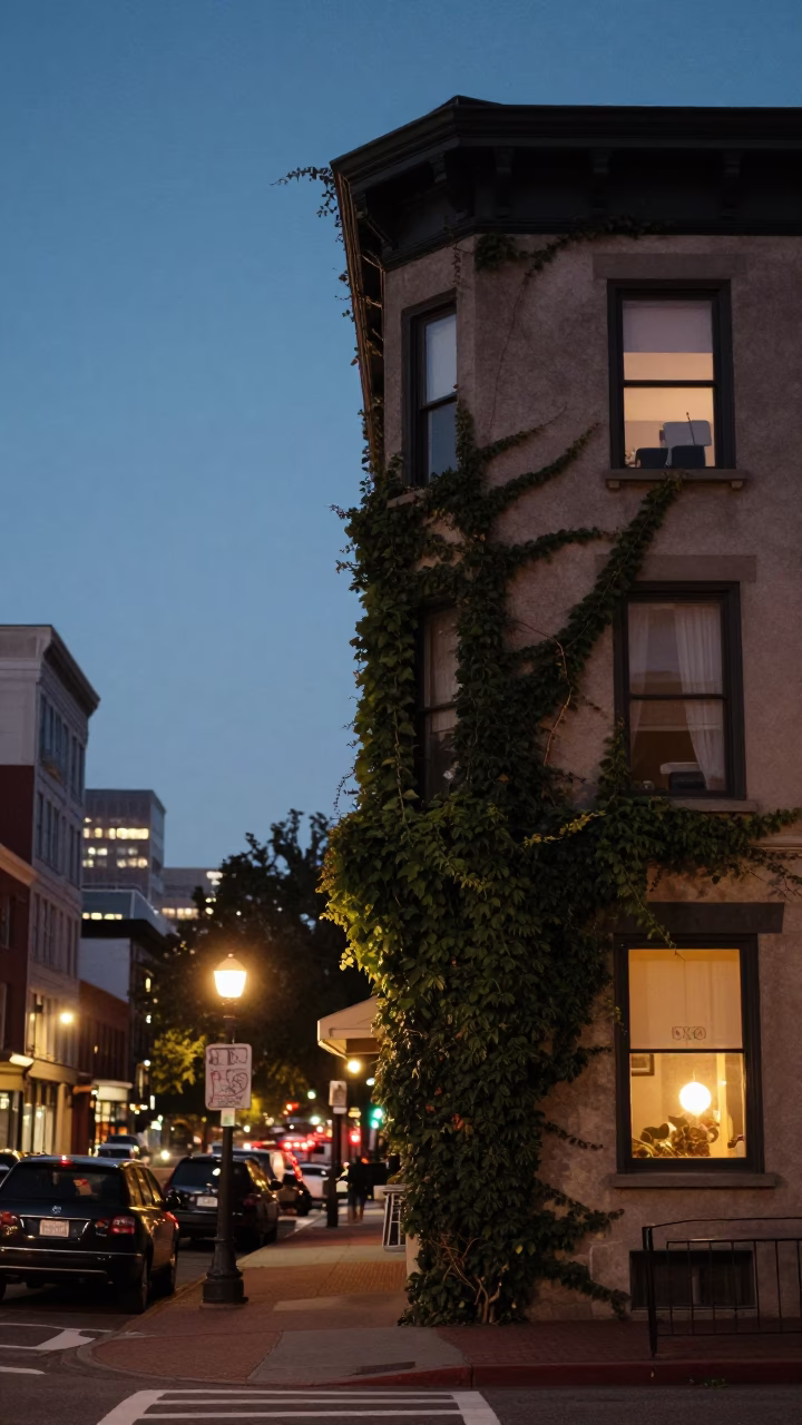 Vintage Portland Oregon Street Scene with Ivy Vines and City Lights at Dusk in in Portland, Oregon, United States