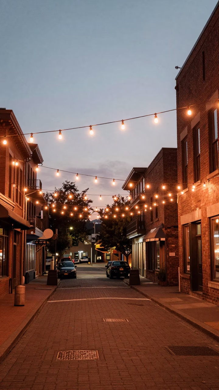 Vintage Portland Oregon Street Scene with String Lights and Dusk Lighting in in Portland, Oregon, United States