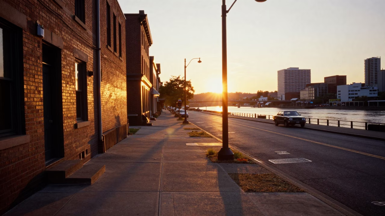 Vintage Portland Oregon Sunset Street Scene with Spirit Level and Dandelion Seed Head in in Portland, Oregon, United States