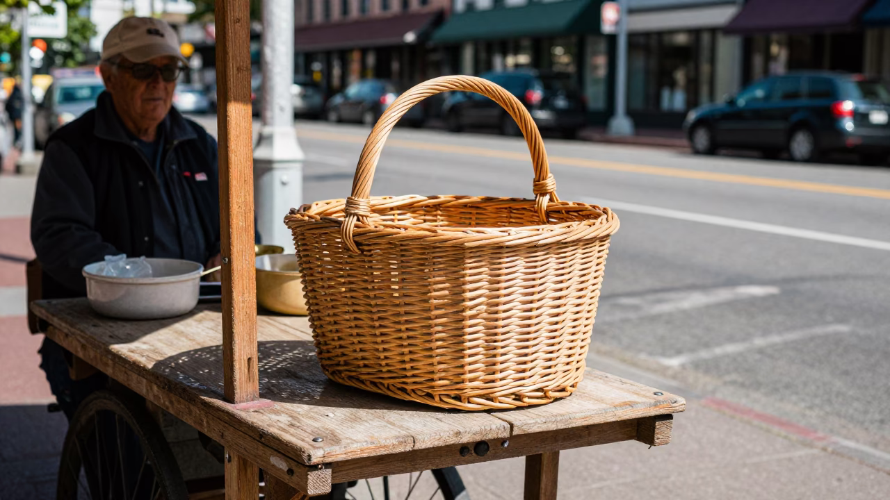 Vintage Portland Street Scene with Wicker Basket and Local Produce in Bright Morning Light in in Portland, Oregon, United States