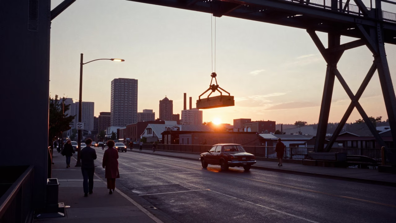Vintage Portland Sunset Street Scene with Bridge Maintenance Cradle and River in in Portland, Oregon, United States
