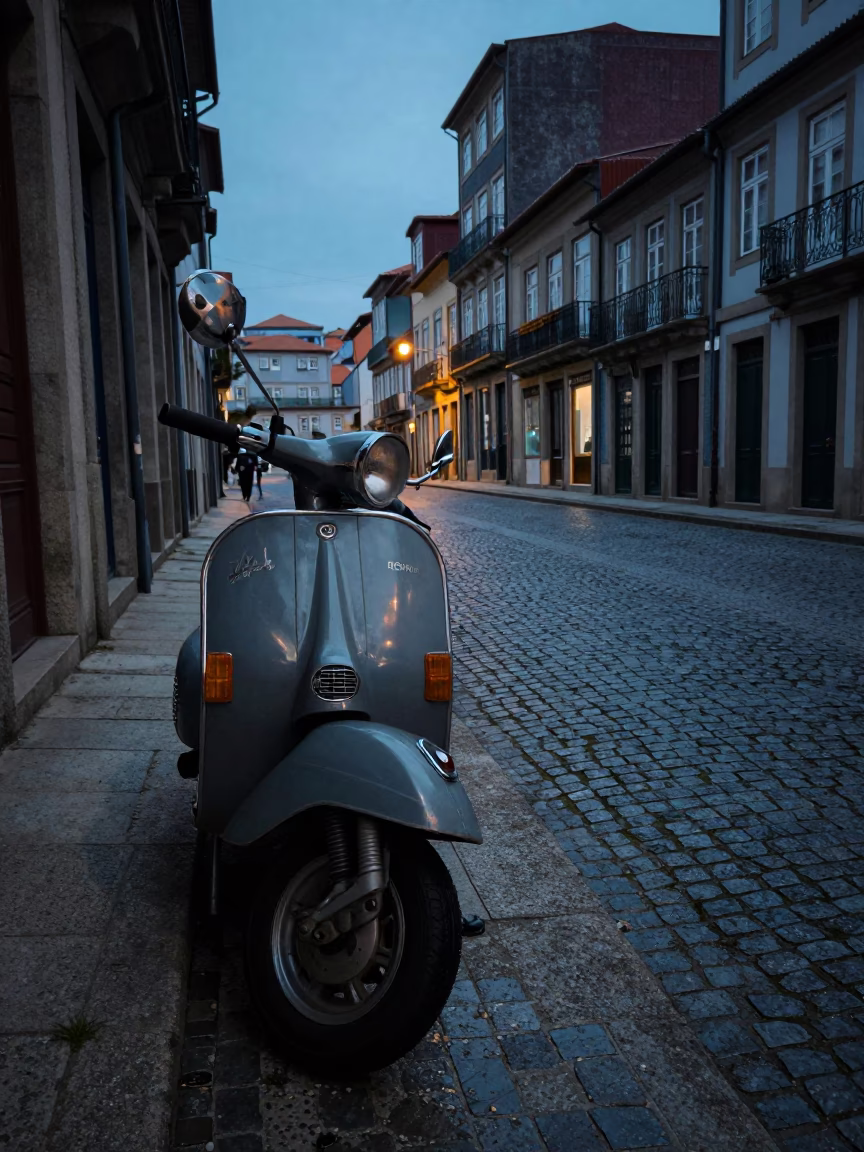 Vintage Porto Portugal street scene before dawn with scooter and pastries in in Porto, Portugal