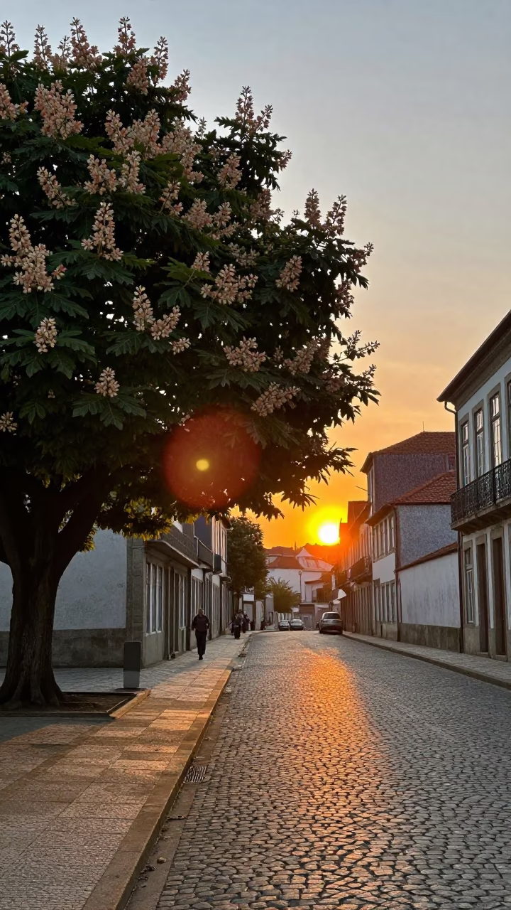 Vintage Porto Street Scene at Dusk with Chestnut Tree and Oleander Hedge in in Porto, Portugal
