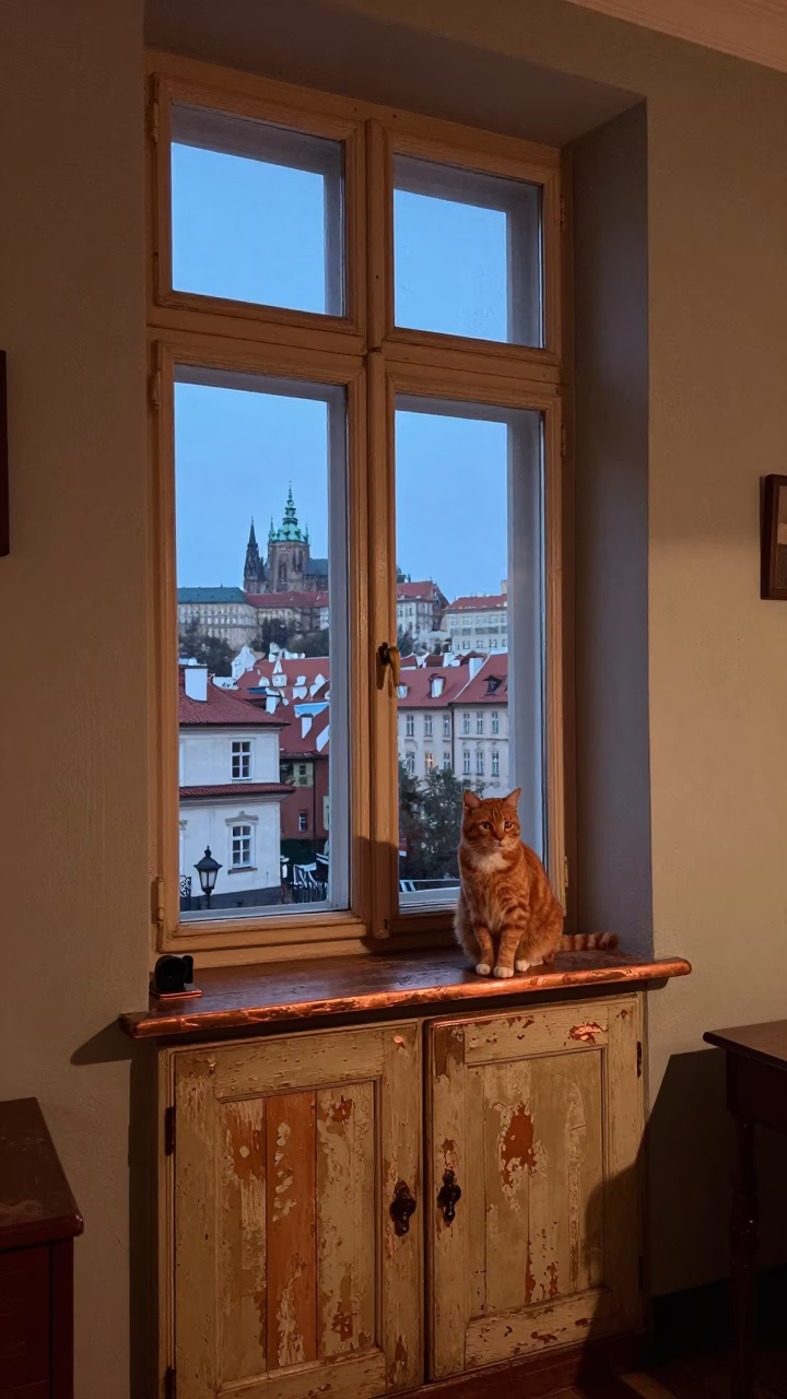 Vintage Prague Apartment Interior with Ginger Cat and Copper Dusk Light in in Prague, Czech Republic