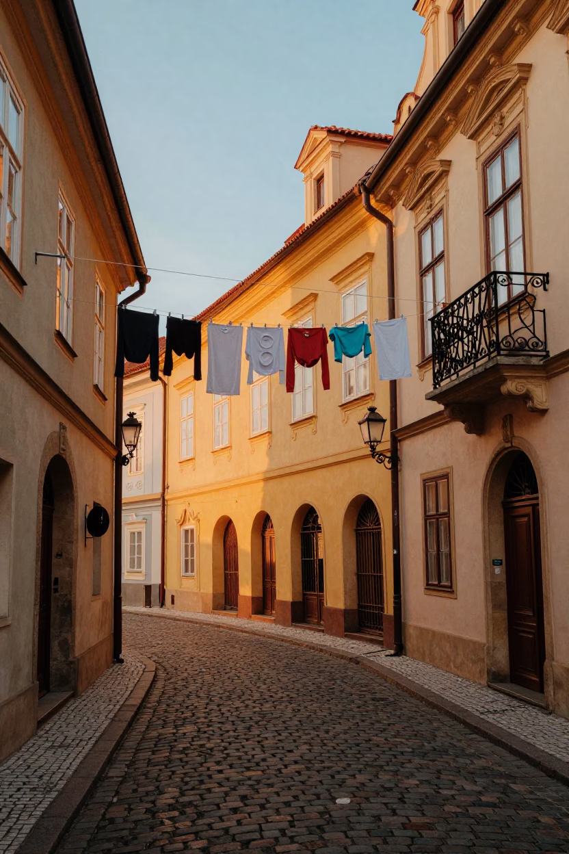 Vintage Prague Evening Street Scene with Clothesline and Brooch Detail in in Prague, Czech Republic