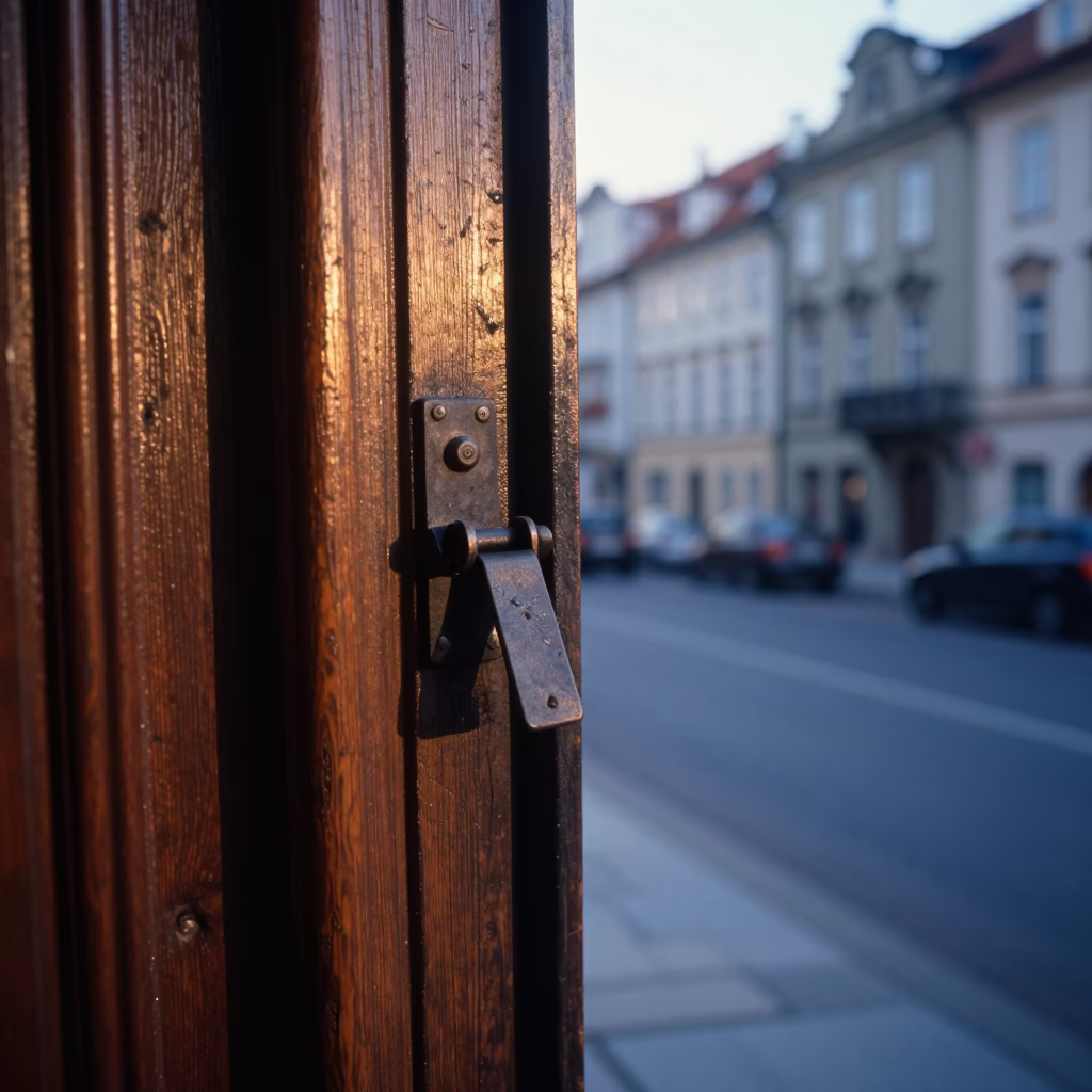 Vintage Prague Morning Street Scene with Smudged Door Latch and Mossy Boulder in in Prague, Czech Republic