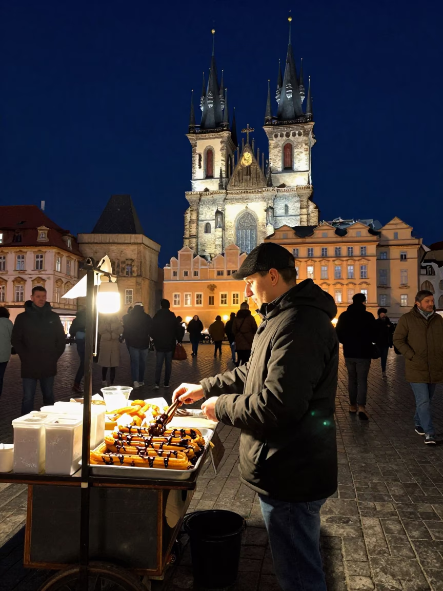 Vintage Prague Night Street Scene with Local Food Vendor and Warm Lighting in in Prague, Czech Republic