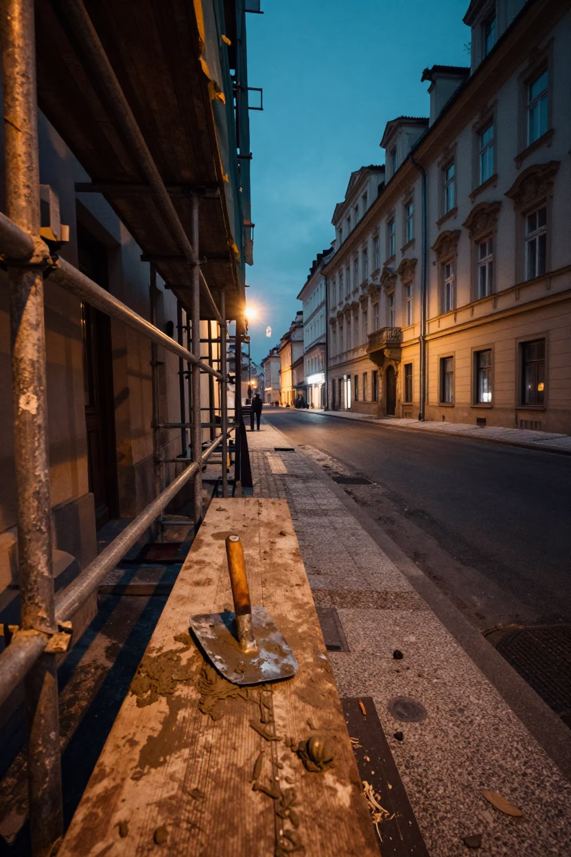 Vintage Prague Night Street Scene with Scaffolding and Urban Decay in 1980s in in Prague, Czech Republic