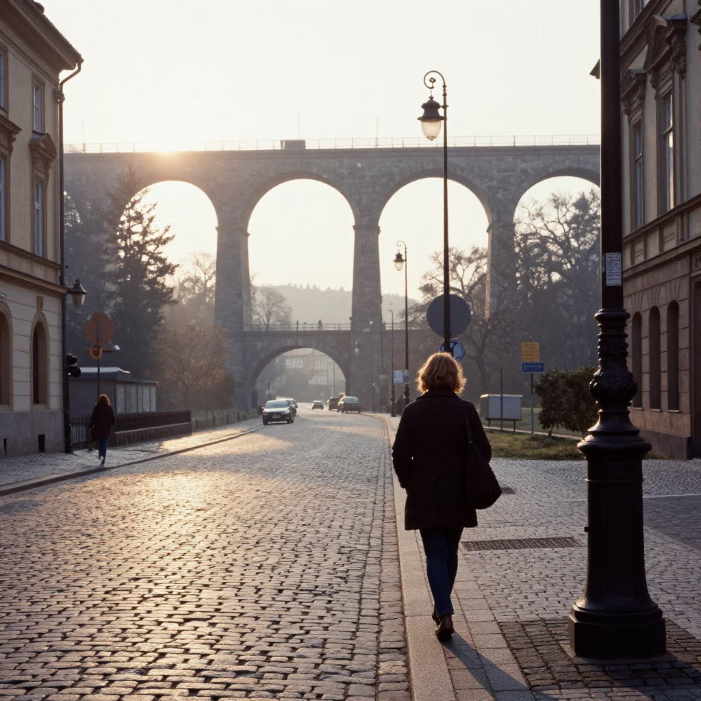 Vintage Prague Street Scene After Sunrise with Railway Viaduct and Local Interaction in in Prague, Czech Republic