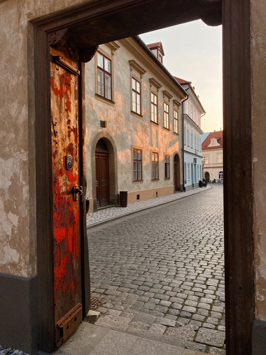 Vintage Prague Street Scene After Sunrise with Rusty Doorframe and Folding Stools in in Prague, Czech Republic