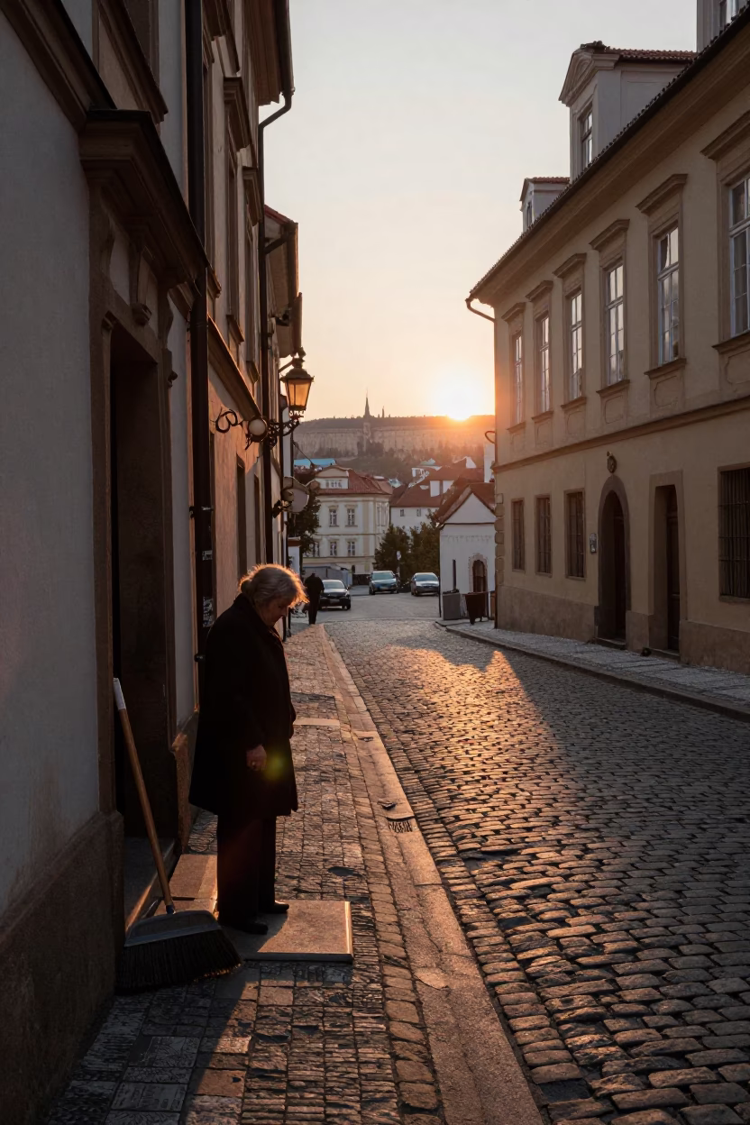 Vintage Prague Street Scene at Dusk with Brooms and Wooden Cup on Cobblestone Alley in in Prague, Czech Republic